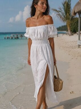 Bila 77 White Eyelet Off-Shoulder Maxi Dress with Side Slit